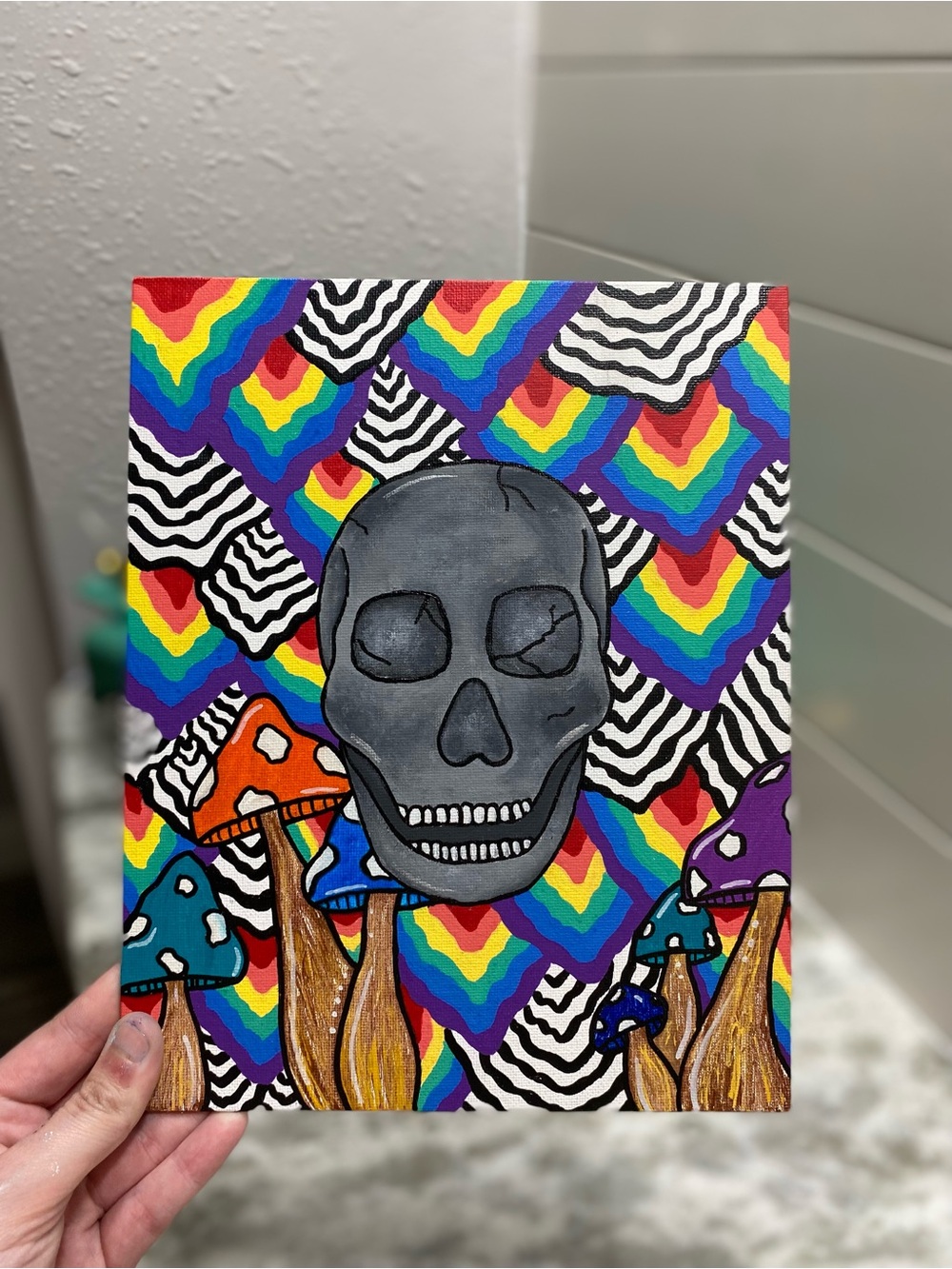 Colorful Skull and Mushroom Canvas Board Art - Picture 5 of 5